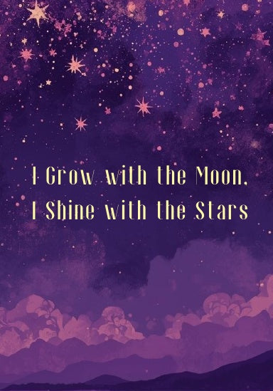 Motivational boho journal for self-growth, decorated with moon and stars illustration, titled ‘I grow with the moon, I shine with the stars’.
